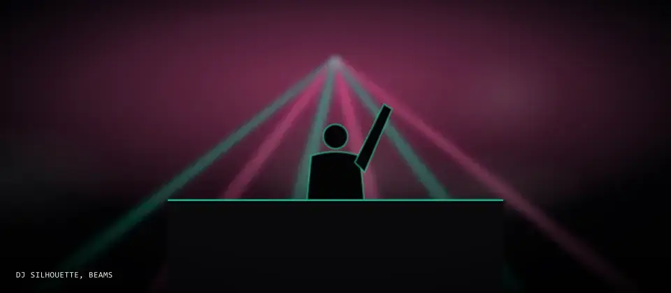 Dj silhouette, beams at Artist name, Venue name