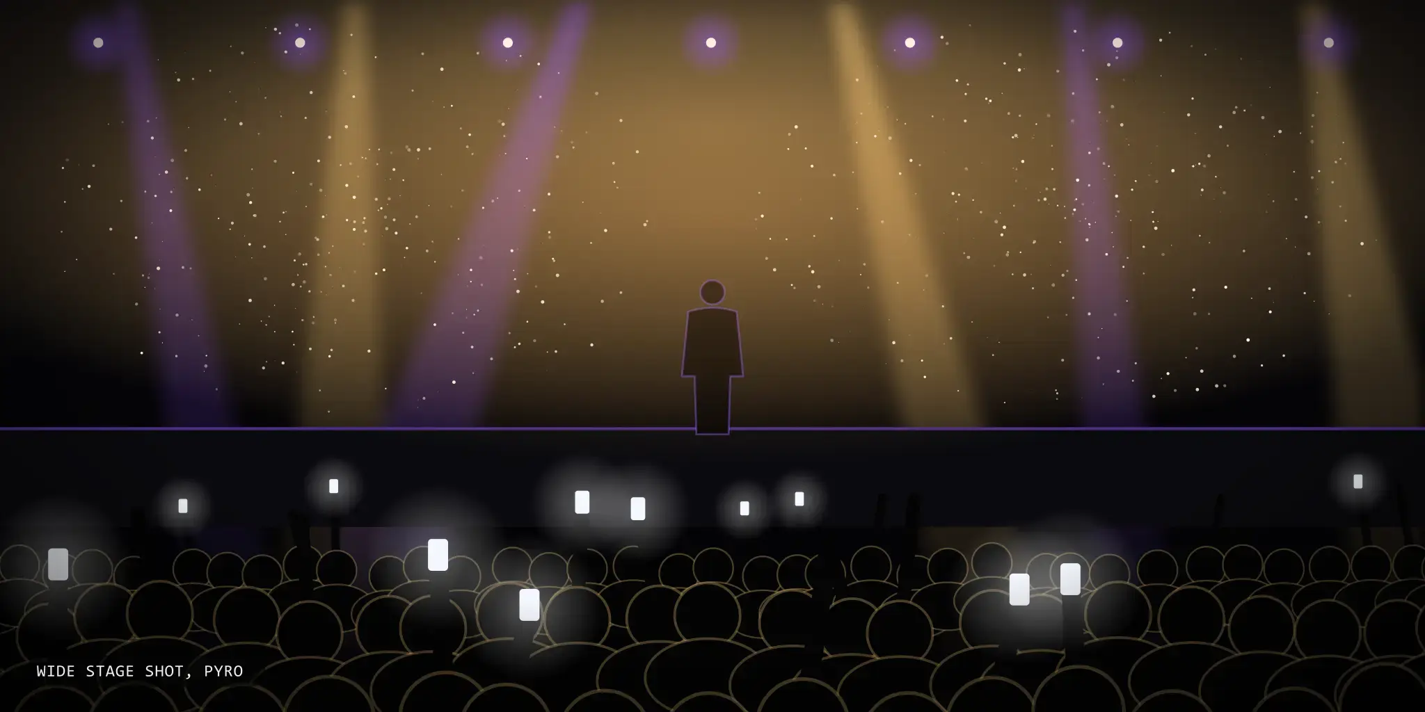 Wide stage shot, pyro at Artist name, Venue name