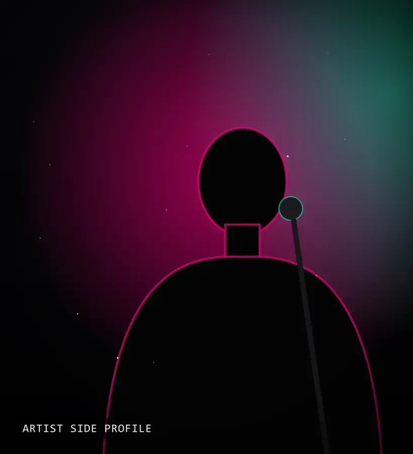 Artist side profile at Artist name, Venue name